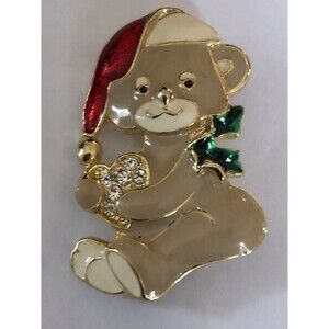 Vintage signed SFJ Christmas Teddy Bear Brooch/Pin Rhinestone & Enamel EC